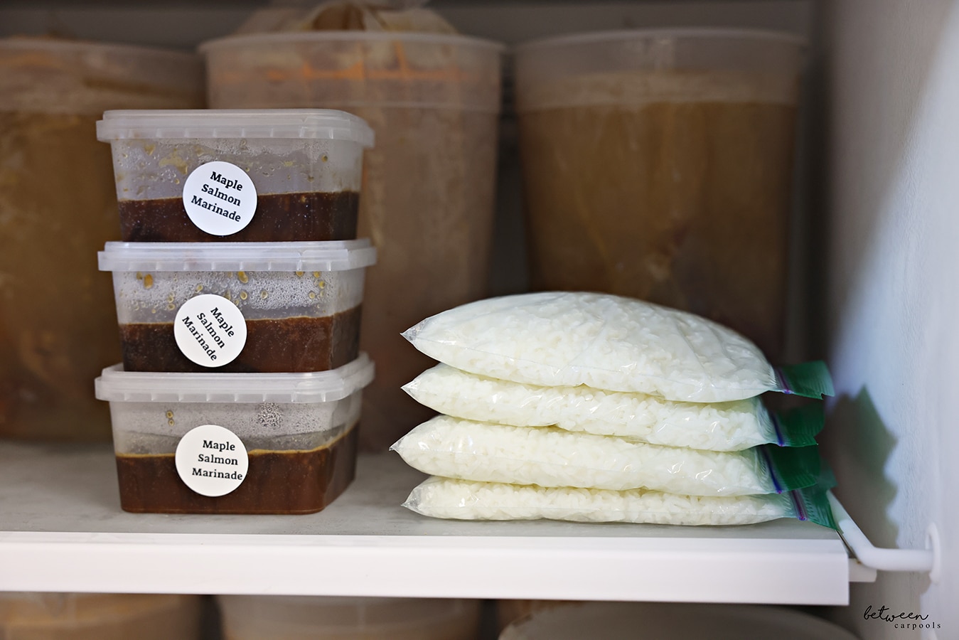 Flat packets of rice (in Ziploc bags) on a shelf in the freezer