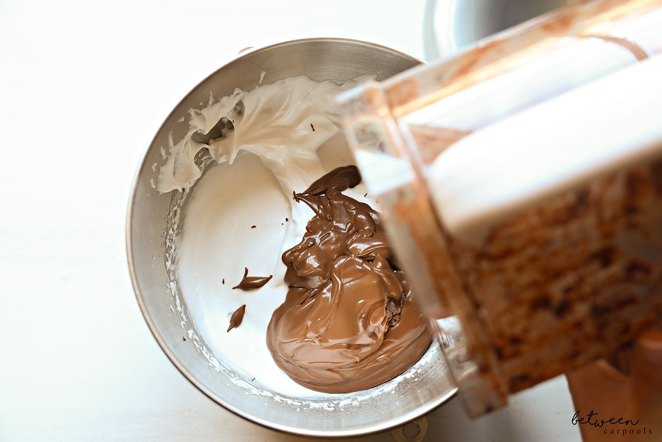 Combining chocolate mixture and stiff egg whites - in the bowl of a Kitchen Aid mixer.