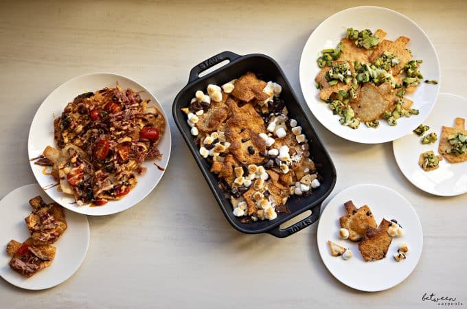 Pastrami, S'mores, and Asian cucumber and avocado dreidel nachos.