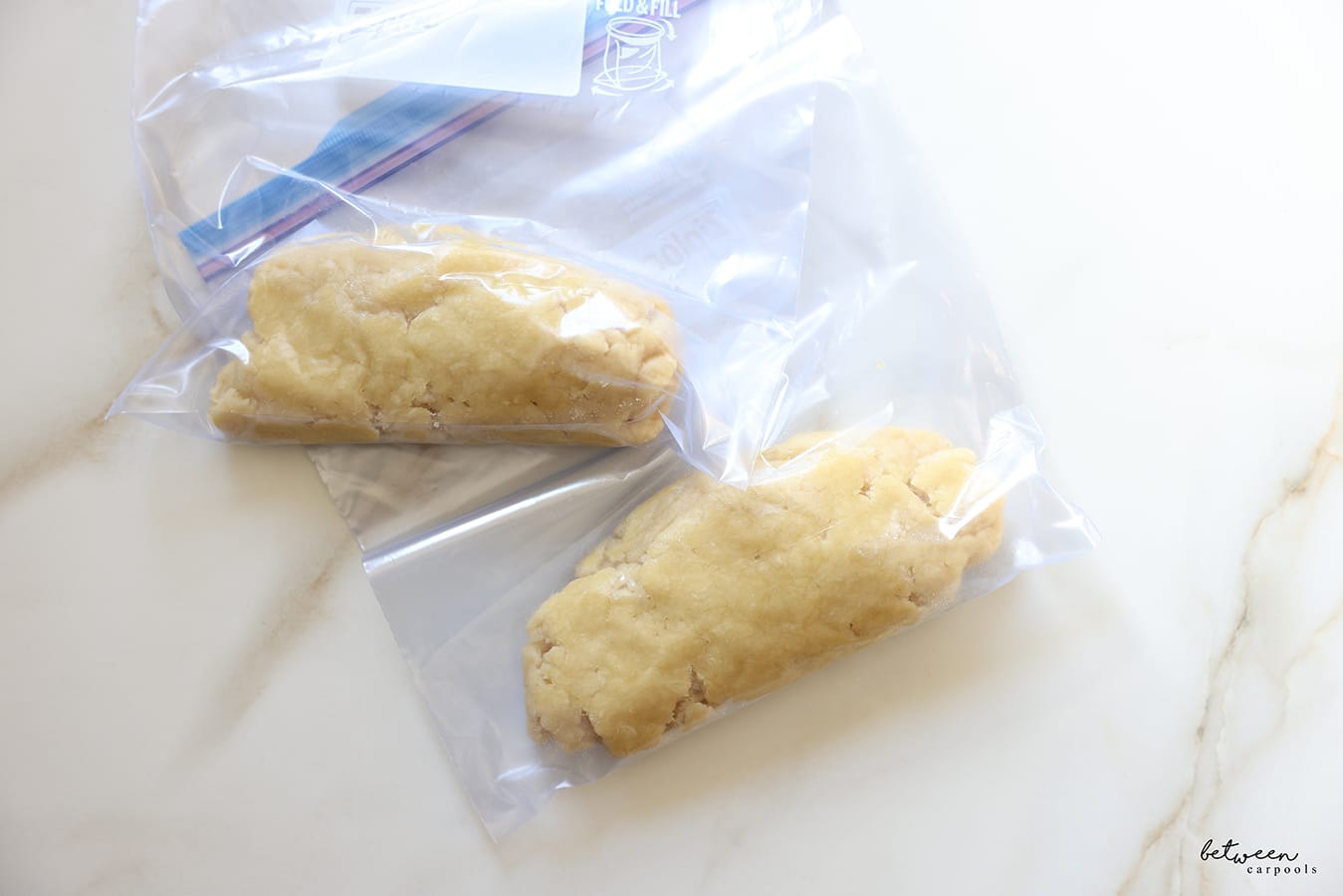 Dough, divided in 2, in 2 Ziploc bags.