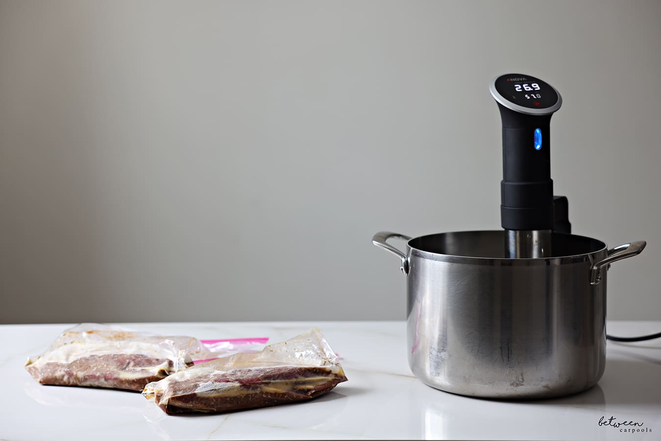 A pot with a sous vide, and 2 frozen oyster steaks with marinades in Ziploc bags on the counter.