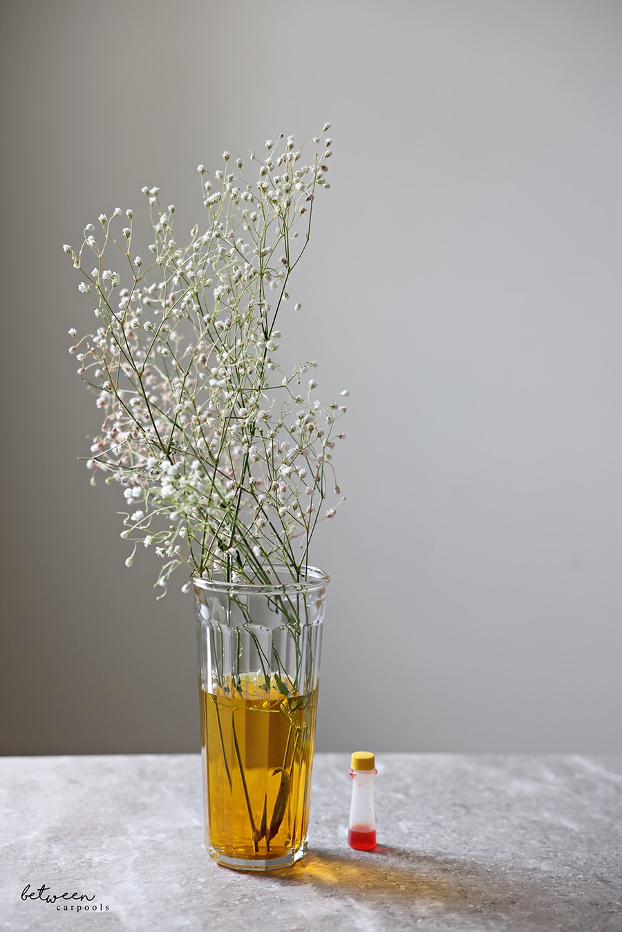 Baby's breath in a glass tumbler of yellow water. Yellow food coloring nearby.