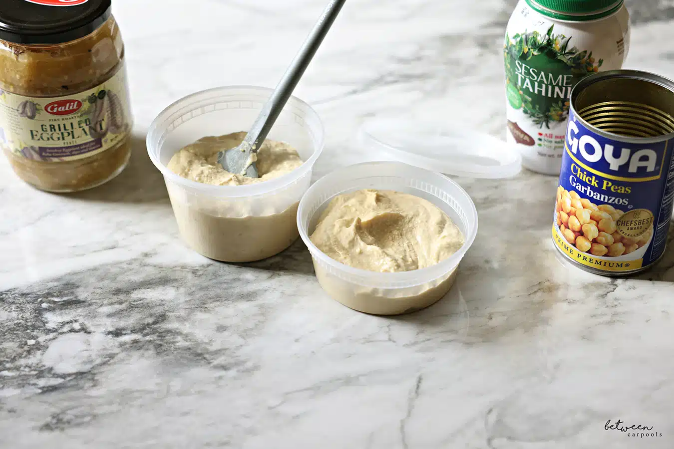 Galil grilled eggplant, 16 oz plastic deli container with Chummus Ganush, 8 oz container with chummus, sesame tahini and an empty can of Goya chick peas.