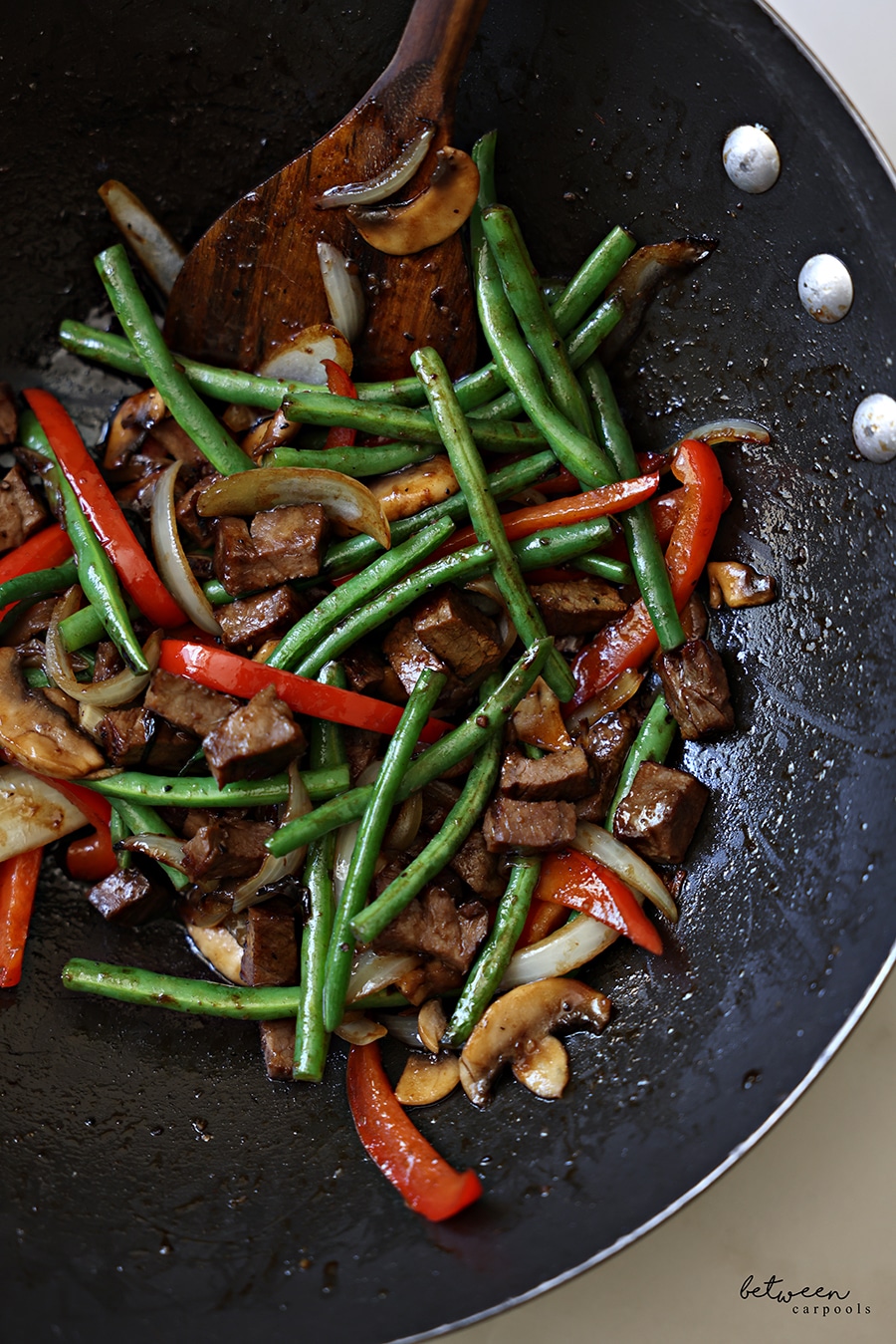 Closeup of Steak Stir Fry in a wok.