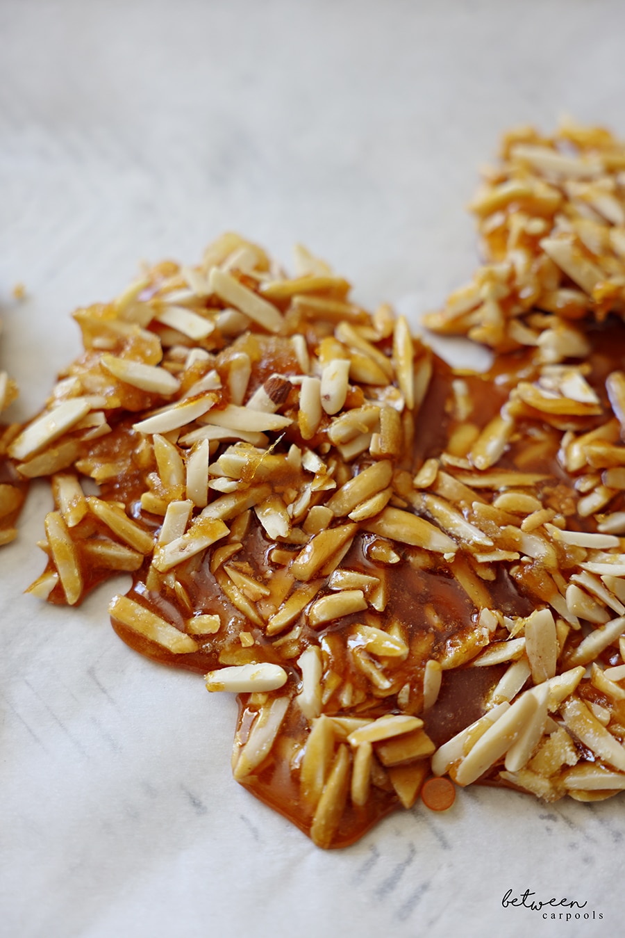 Closeup of Praline on a parchment lined baking sheet.