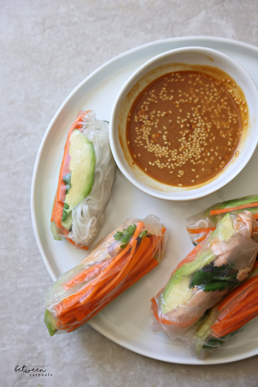 A plate with finished spring rolls and a bowl of peanut dipping sauce.