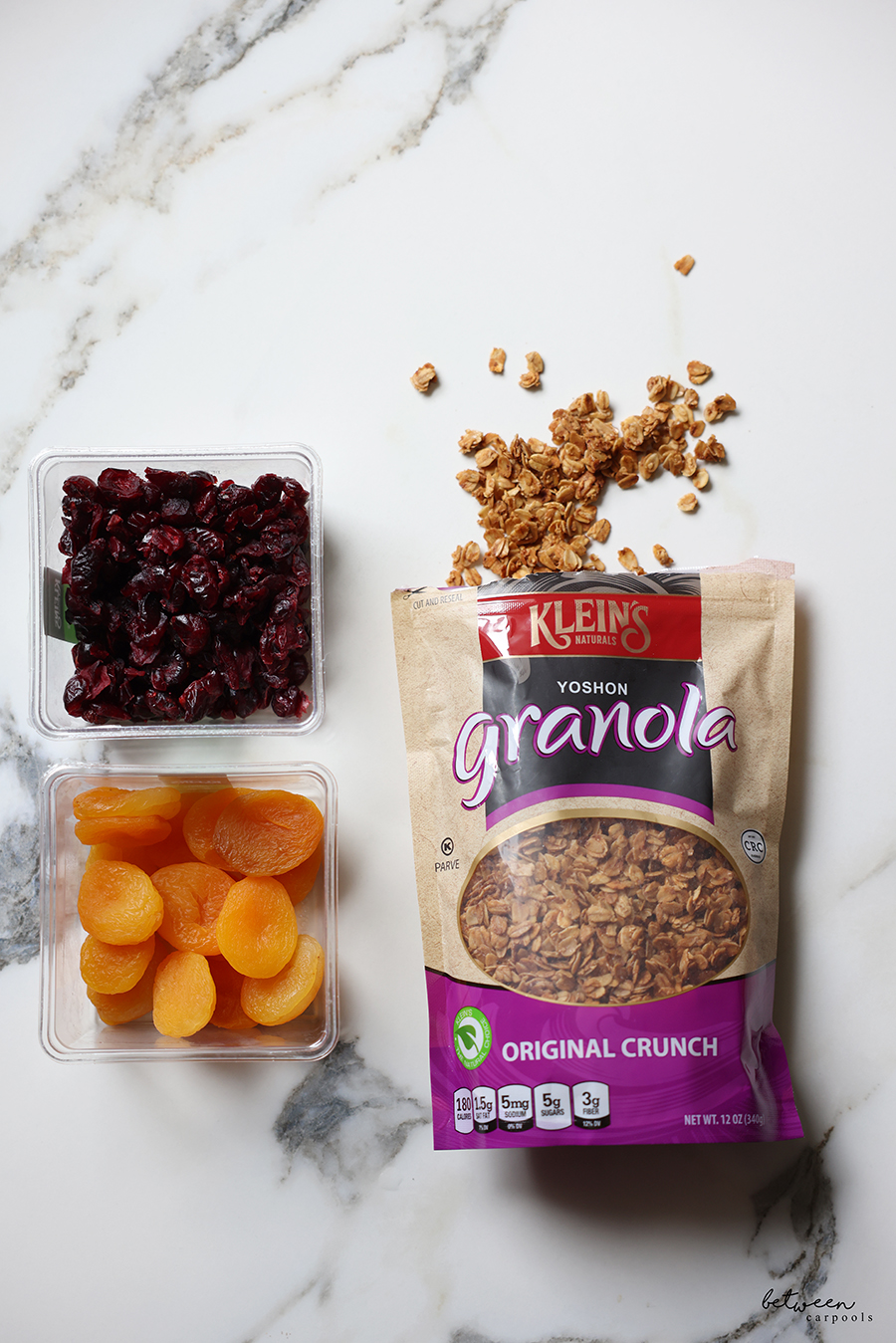 Dried apricots, Craisins, and a bag of Klein's Granola.