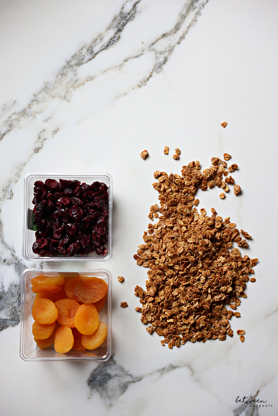 Dried apricots, Craisins, and granola.