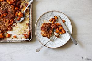 Sweet and Smoky Breaded Chicken Thighs with Maple Sweet Potatoes