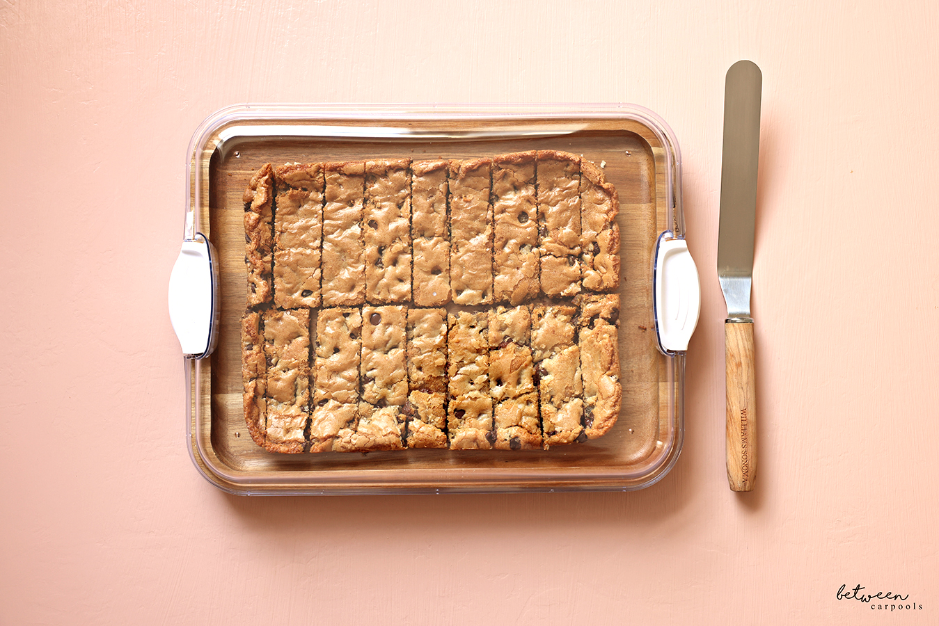 Between Carpools 9×13 Life: Chocolate Chip Sticks on a bamboo tray with a Clear Locking Lid.