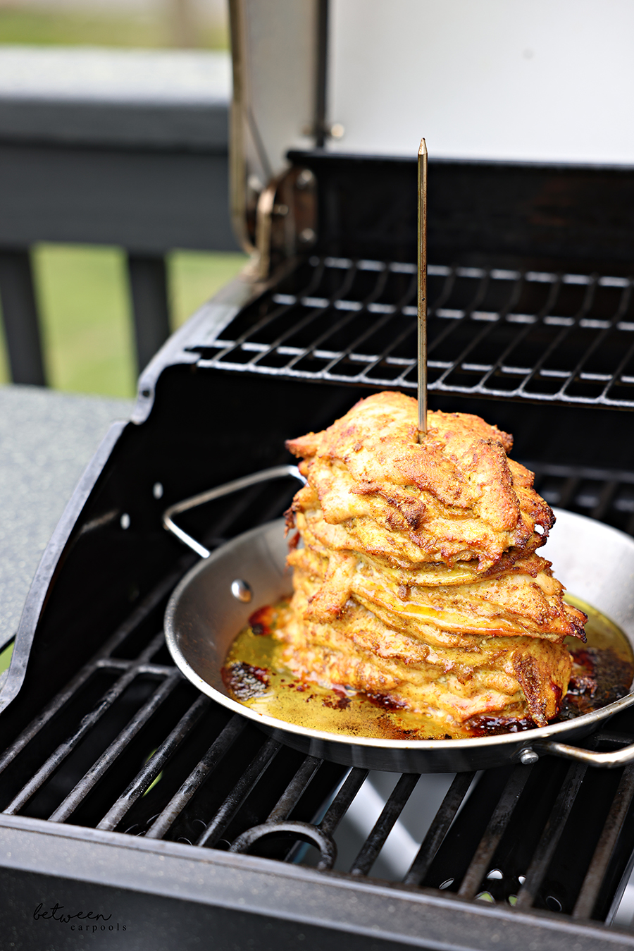 Grilled Shwarma cutlets on an Al Pastor Vertical Skewer on the grill.