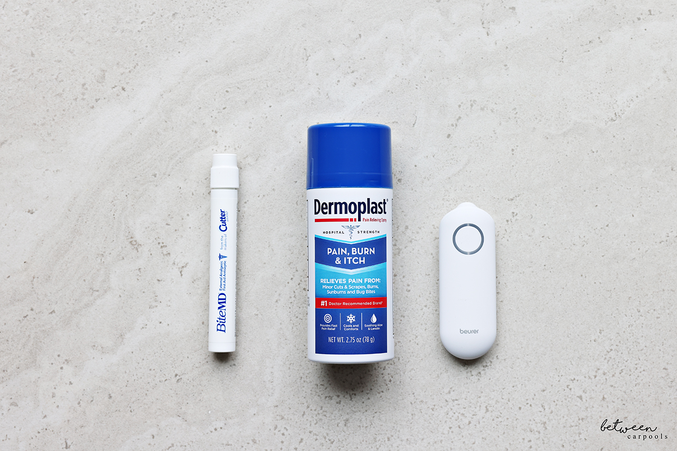 Cutter BiteMD Insect Bite Relief Stick, Dermoplast Itch Spray, and a Beurer Insect Bite Healer.