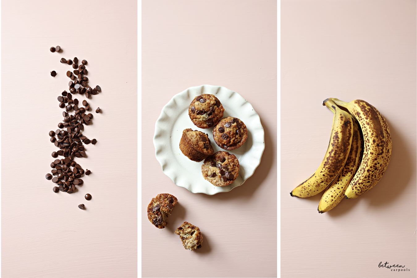 chocolate chips/ chocolate chip banana muffins/ 3 overripe bananas